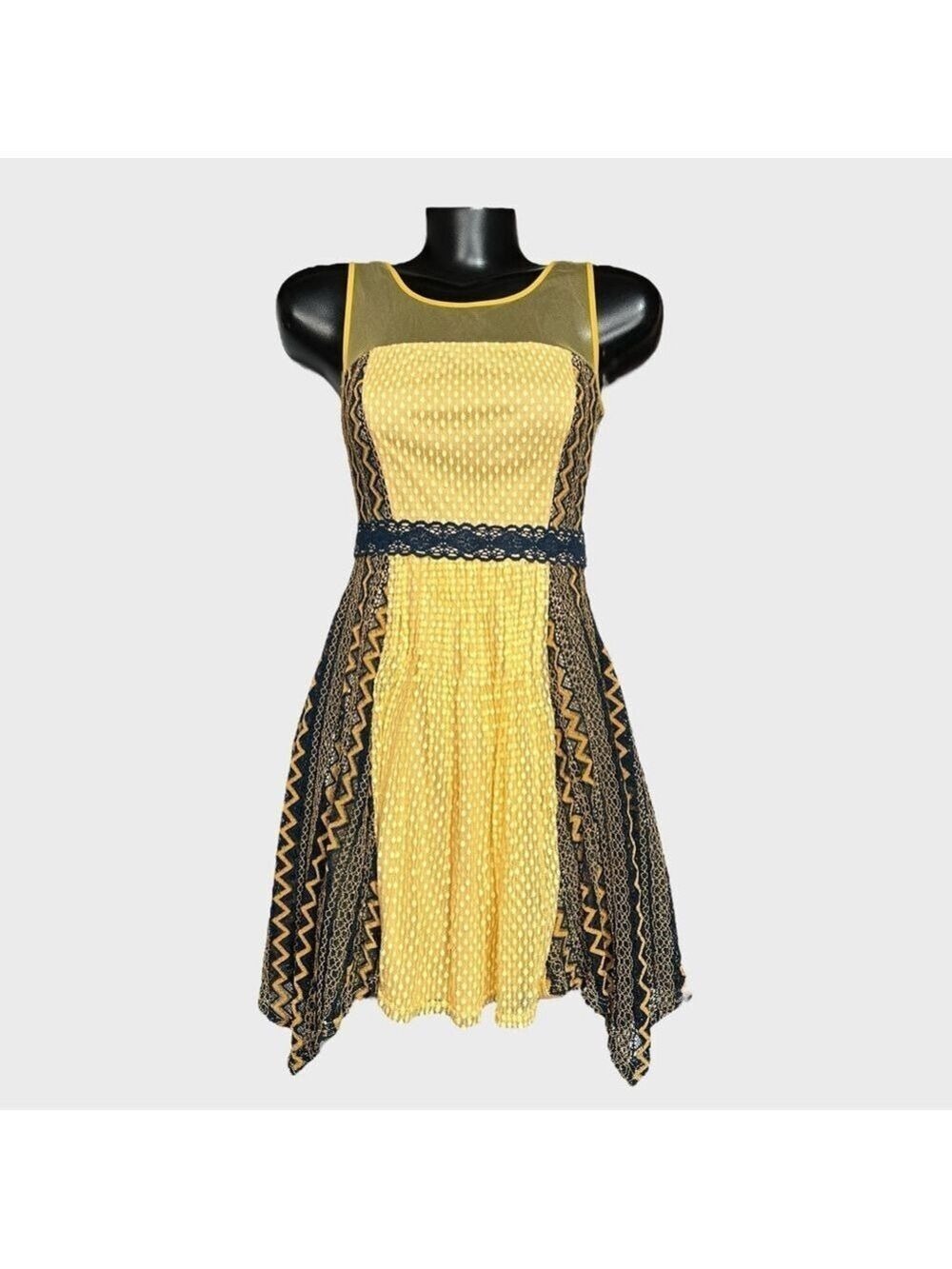 Anthropologie Ryu Lace Mini Dress Yellow Navy Blue Sharkbite Hem Swiss Dots Cute